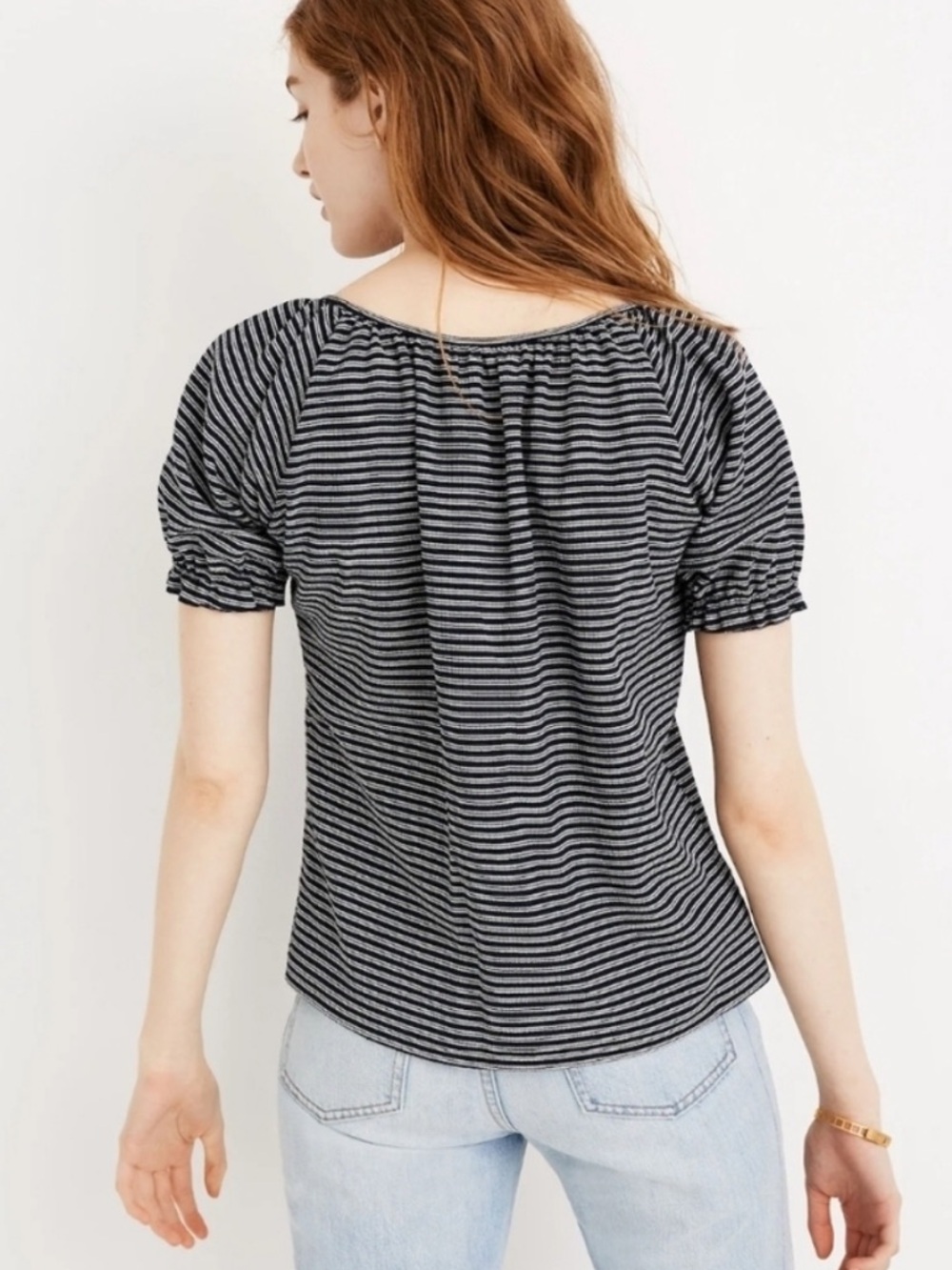 Madewell Texture & Thread Striped Peasant Top in Navy & White Sz M - Picture 2 of 10